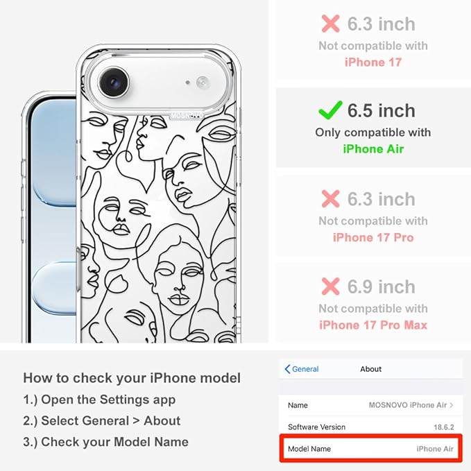 MOSNOVO for iPhone Air Case | Military Grade 6.6ft Drop Tested | Camera Control | Clear with Abstract Face Line Art Design