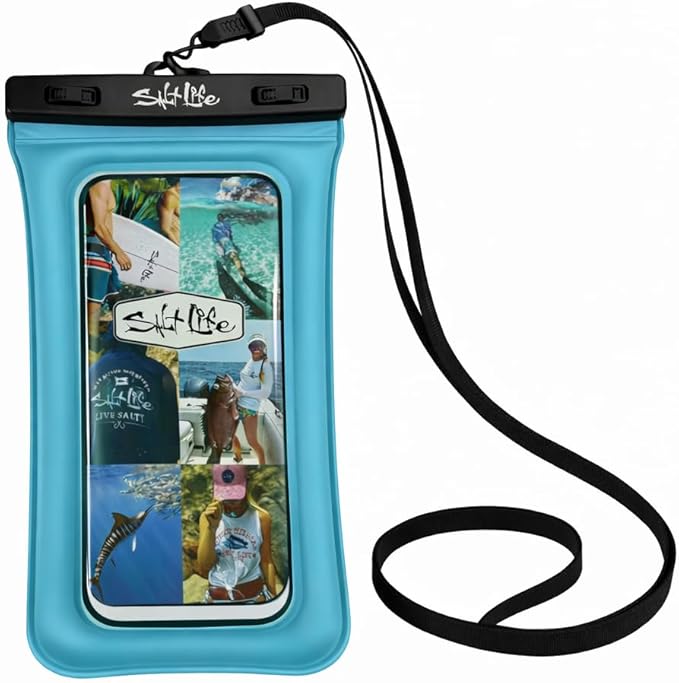 Salt Life Floating Waterproof Phone Case– IPX8 100% Waterproof Phone Case that Floats in Water, Universal Phone Dry Bag with Touchscreen Clear Window, Secure Seal Closure & Lanyard (Aqua)