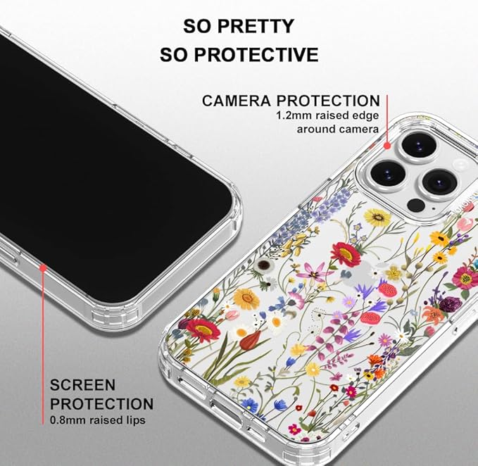 MOSNOVO Case for iPhone 16 Pro, [Buffertech 6.6ft Military-Grade Drop Protection] [Anti Peel Off Tech] Clear TPU Bumper Phone Case Cover Design - Wildflower Meadow