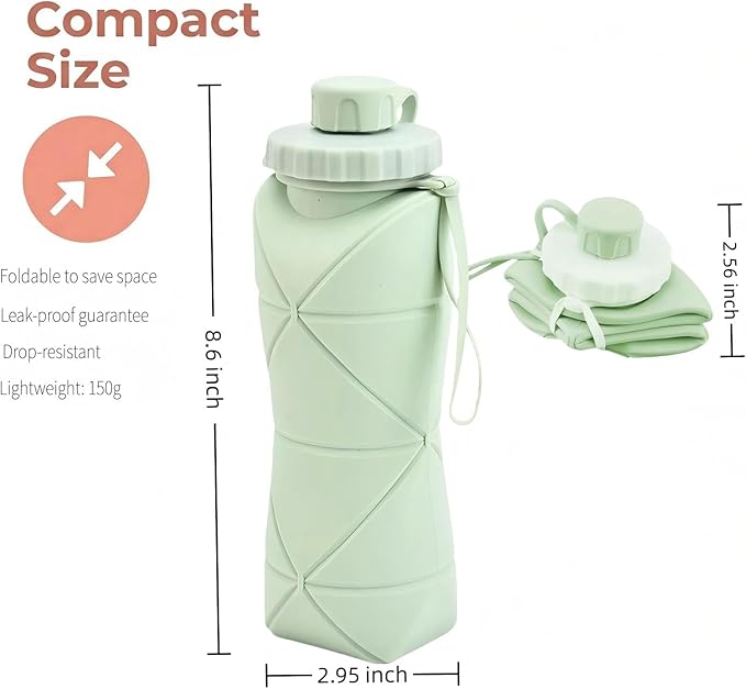Collapsible Travel Water Bottle 20oz (600ml), BPA-Free, Foldable Silicone Lightweight Reusable Water bottle with Leak-Proof Lid & Lanyard, Portable for Travel Cycling Gym Camping (Green)