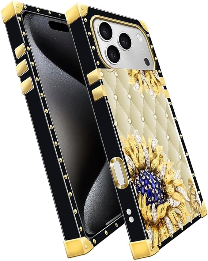 for iPhone 17 Pro Max Case Luxury Golden Decoration for Girl Women Soft TPU Shockproof Protective Hard PC Back for iPhone 17 Pro Max Crazy Pattern Sunflower Diamonds Leather