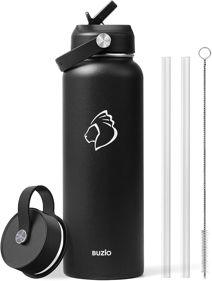 BUZIO 40oz Insulated Water Bottle, Triple Wall Vacuum Stainless Steel Water Flask with 2 lids, Lead-Free BPA-Free Straw Lid Sports Canteen Jug, Cold 48H & Hot 24H- Black