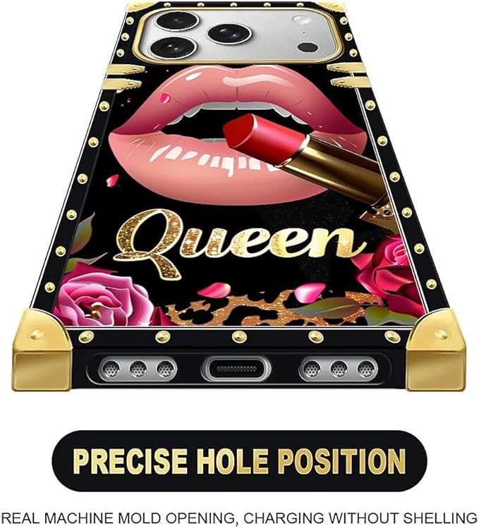 for iPhone 17 Pro Max Case Luxury Golden Decoration for Girl Women Soft TPU Shockproof Protective Hard PC Back for iPhone 17 Pro Max Crazy Pattern Glitter Red Rose Queen Leopard Lipstick