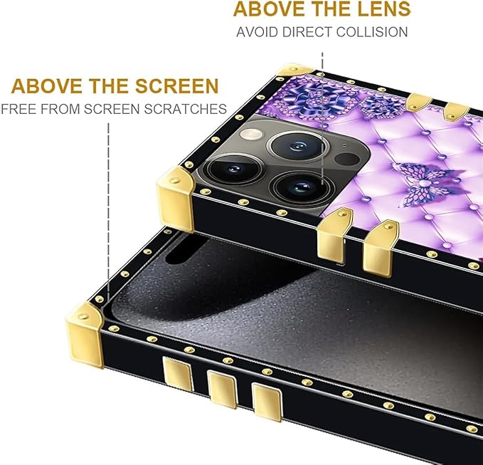 Compatible with iPhone 16 Pro Case, Purple Butterfly Flowers Leaf Luxury Golden Decoration for Girl Women Soft TPU Shockproof Protective Hard PC Back