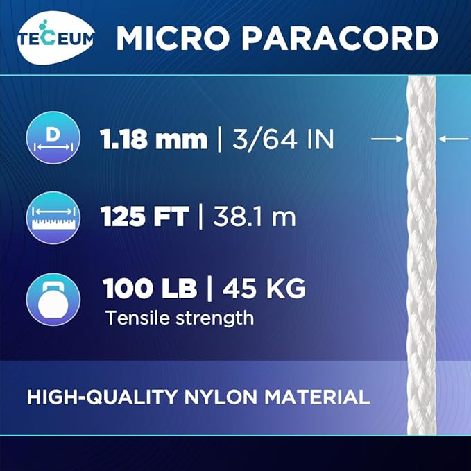 TECEUM Micro Paracord – 1.18 mm X 125 ft – Micro Utility Cord – Thin Braided Paracord Rope – Best for Crafting, DIY Projects, Fishing, Camping – Wind Chime Replacement – Survival Strong String