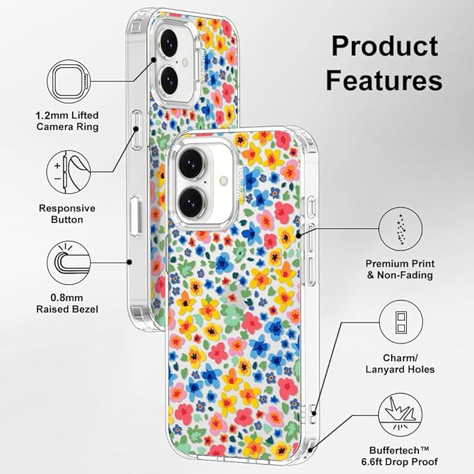 MOSNOVO for iPhone 17 Case | Military Grade 6.6ft Drop Tested | Camera Control | Clear with Little Flowers Design