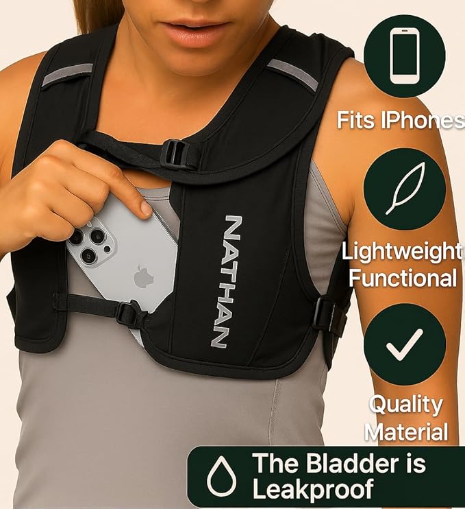 Nathan QuickStart Hydration Pack Vest with Bladder or flasks, Storage Pockets, Breathable Moisture-Wicking Fabric, Adjustable Straps for Running, Hiking, Walking, Marathons, Obstacle Races
