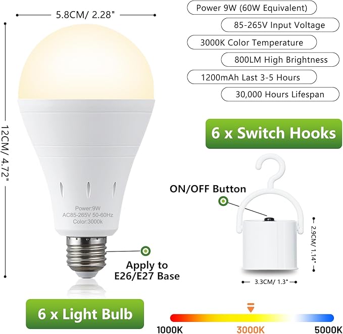 DEBAOBULB 4 Pack Rechargeable Emergency Light Bulbs, Battery Powered LED Light Bulb 3000K Warm E26 120 Volt 9W 60W Equivalent with 1200mAh for Home Power Outage Camping Hurricane