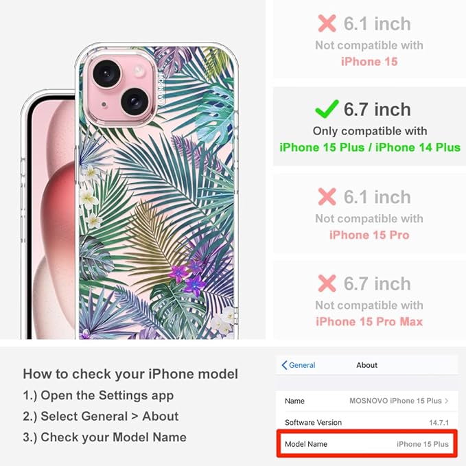 MOSNOVO Case for iPhone 15 Plus/iPhone 14 Plus, [Buffertech 6.6ft Military-Grade Drop Protection] [Anti Peel Off Tech] Clear TPU Bumper Phone Case Cover Design - Tropical Rainforests
