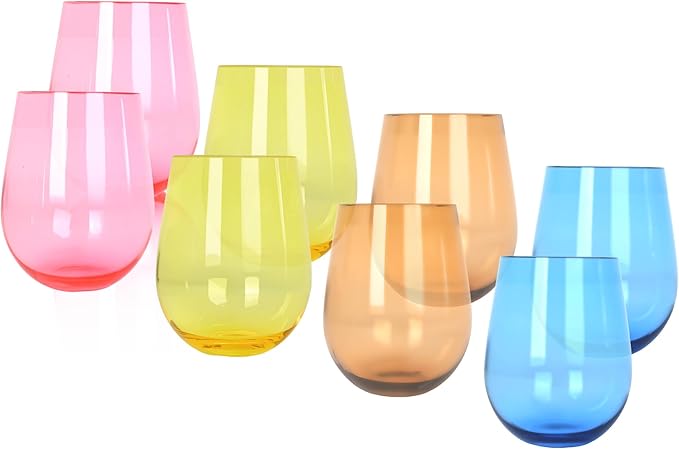 Lily's Home Set of 8 Shatter-Resistant Acrylic Stemless Wine Glasses - 14 oz for Poolside, Parties, Patio & Outdoor Indoor Use, BPA-Free Plastic Drinkware in Mixed Colors