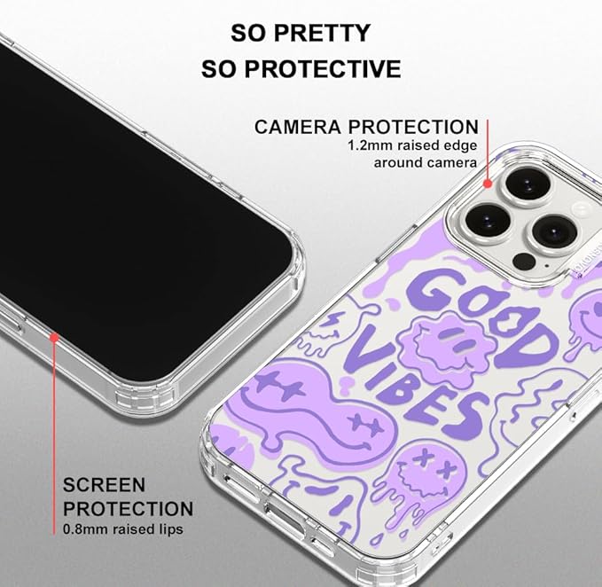 MOSNOVO Case for iPhone 15 Pro, [Buffertech 6.6ft Military-Grade Drop Protection] [Anti Peel Off Tech] Clear TPU Bumper Phone Case Cover Design - Good Vibes