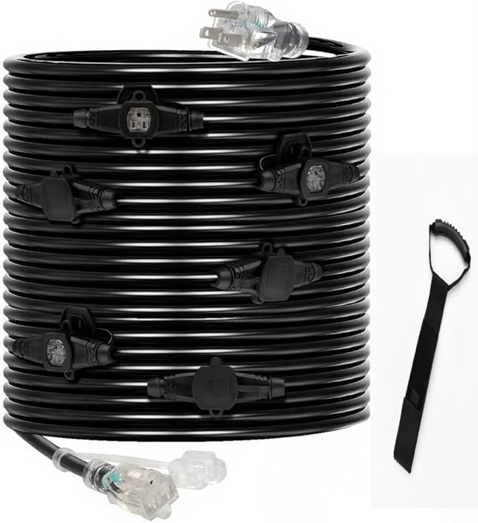 50FT 16 Gauge Outdoor Extension Cord,7 Spaced Outlet Cable.Multi Outdoor Evenly-Spaced Plugs,Power Cord Splitter,Ideal for Holiday Decoration and Christmas Light,ETL Listed
