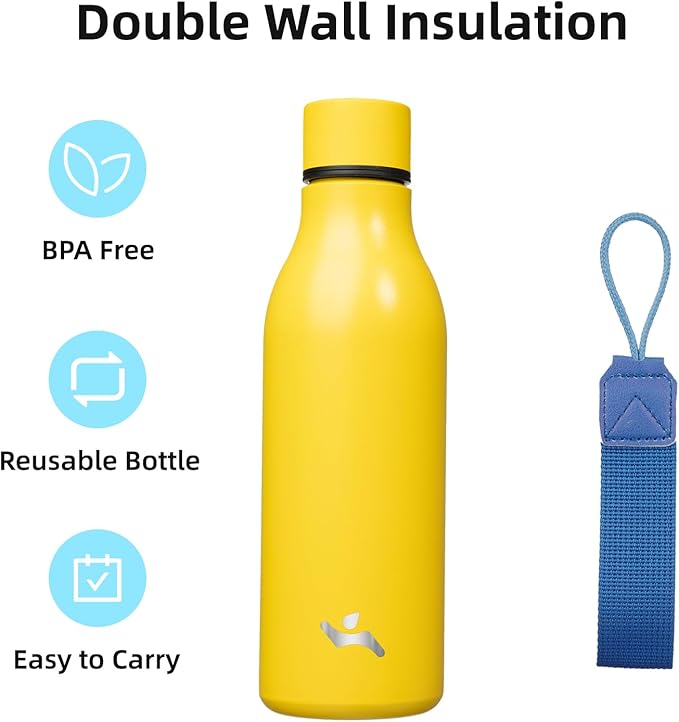 Konokyo Insulated Water Bottle with Strap,18 oz Double Wall Stainless Steel Vacuum Bottles Metal Water Flask,Yellow