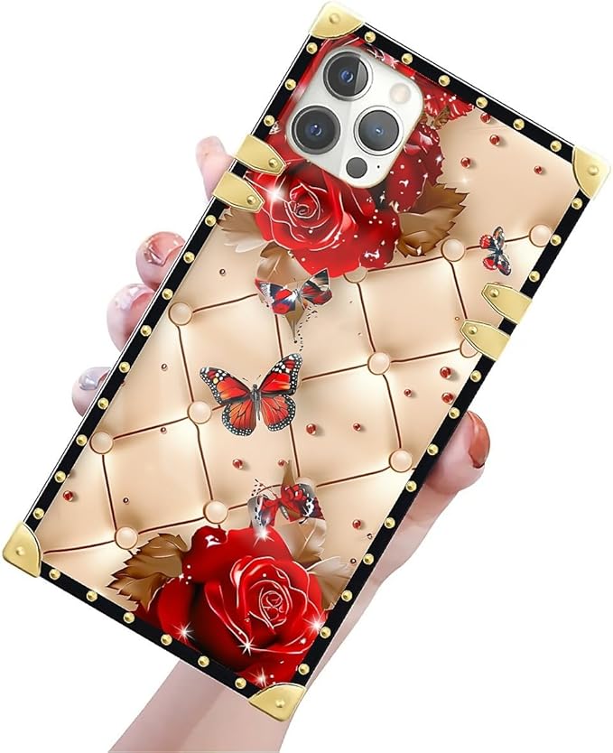 Compatible with iPhone 12 Pro Max Case, Shining Red Rose Butterfly Leather Background Luxury Golden Decoration for Girl Women Soft TPU Shockproof Protective Hard PC Back