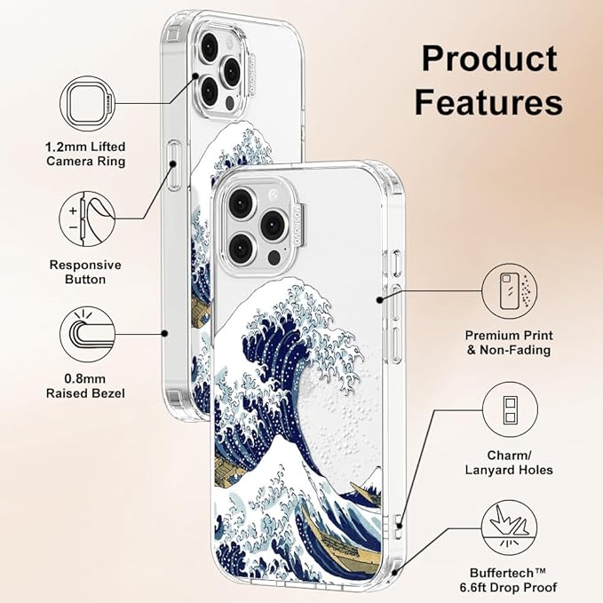 MOSNOVO Case for iPhone 12 & iPhone 12 Pro, [Buffertech 6.6ft Military-Grade Drop Protection] [Anti Peel Off Tech] Clear TPU Bumper Phone Case Cover Design - Great Wave
