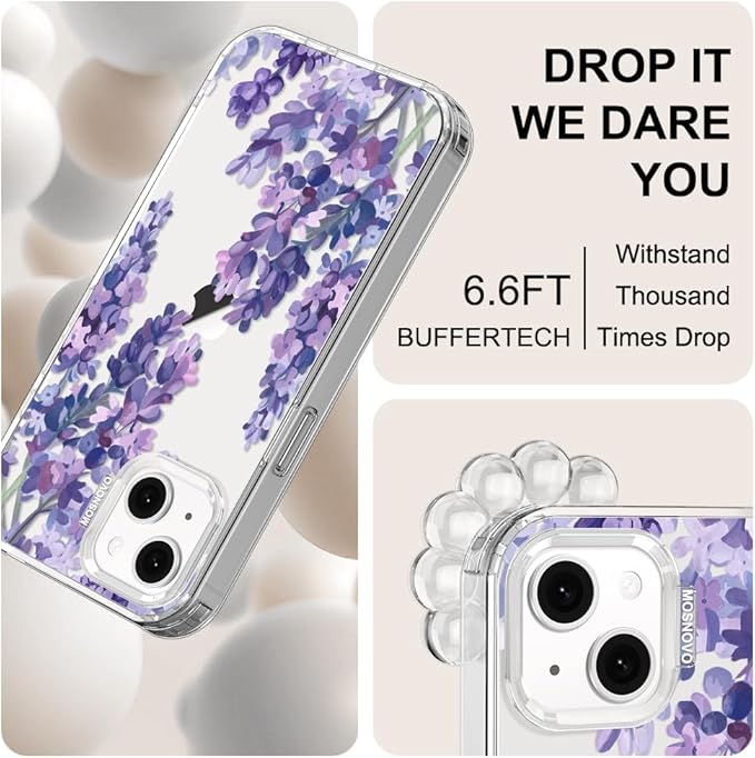 MOSNOVO for iPhone 13/14 Case | Military Grade 6.6ft Drop Tested | Clear with Lavender Design