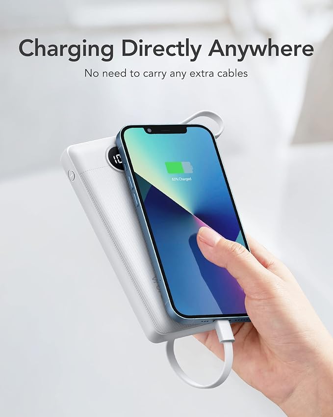 VRURC Portable Charger Power Bank, USB C Battery Pack 10000mAh,5 Outputs 2 Inputs Pocket Travel Charging Bank Built-in Cables for iPhone 17 Pro 17 16 15 14 13,Samsung,Android-White(1 Pack)