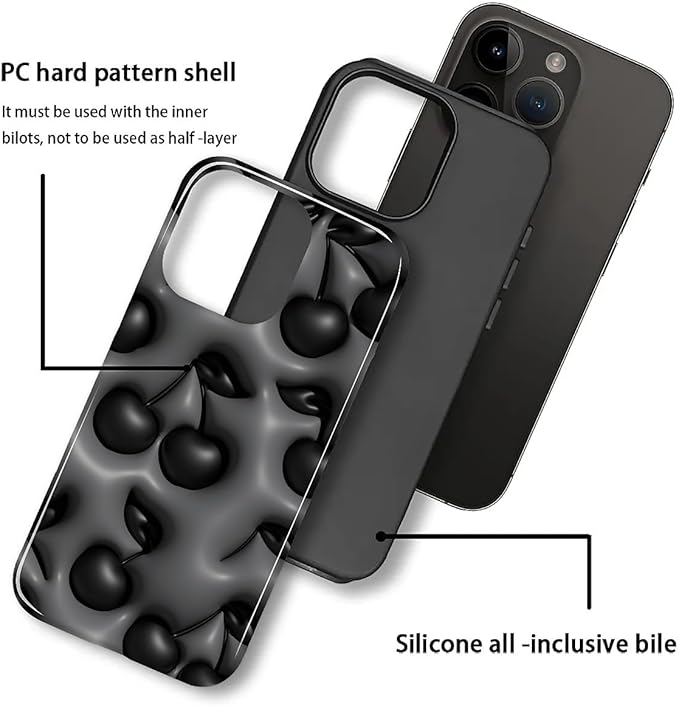 for iPhone 13 Pro Case,HL2 Cute Cool Cherry Black Hybrid 2 Layer Hard Shell Silicone Protective Pattern Design Case
