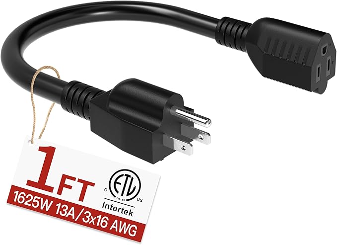 16/3 Short Extension Cord 1 FT, Black Extension Cord Flexible & Durable, Indoor 3 Prong Power Cable, Suitable for Home and Office, 13 Amp 1625 Watt 125VAC 16AWG, ETL Listed