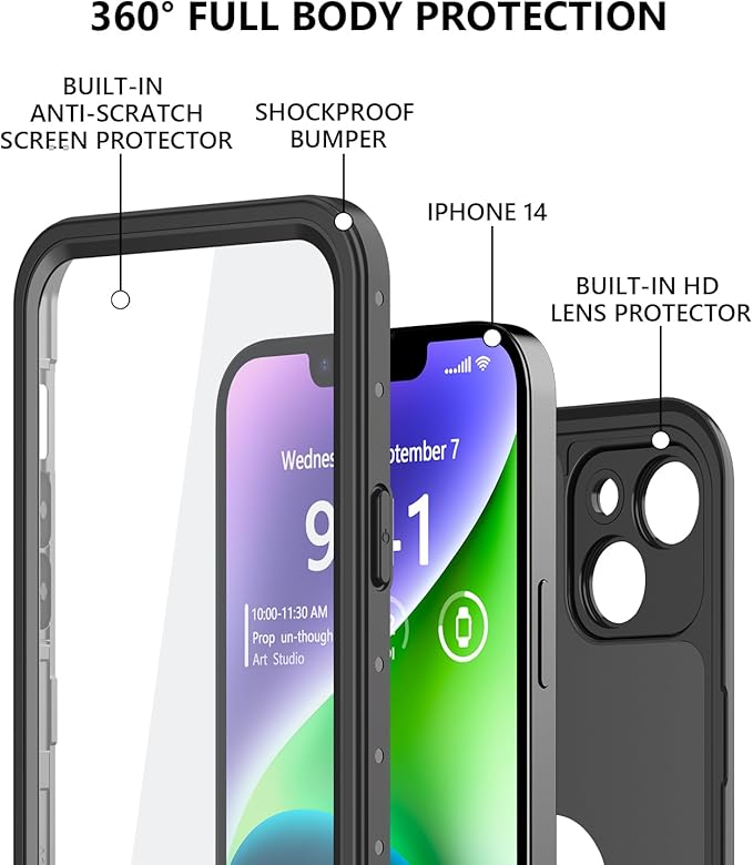 Protebox for iPhone 14 Waterproof Case with Built-in Screen Protector, Shockproof Dustproof Full Body Protective IP68 Waterproof Phone Case for iPhone 14 6.1 inch (Black)