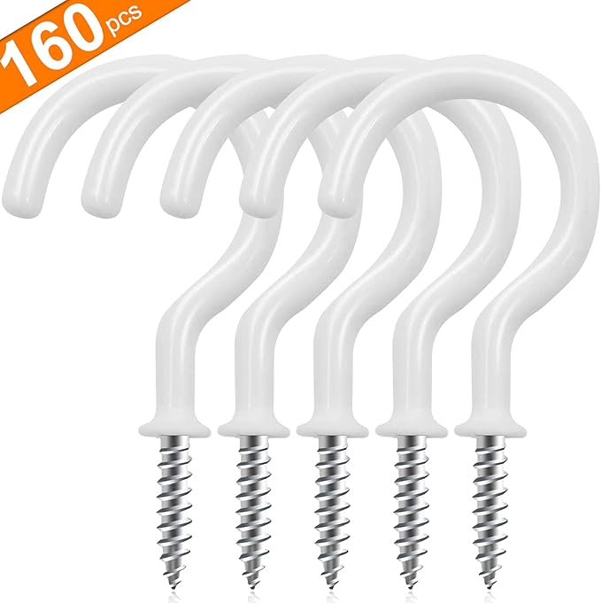 Cup Screw Hooks,3/4 inch Vinyl Coated Ceiling160 Pack Screw in Hooks Plant Hanger Wind Chimes Kitchen Cup Hooks Great for Hanging Indoor & Outdoor Use(White)