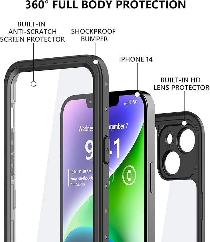 Protebox for iPhone 14 Waterproof Case with Built-in Screen Protector, Shockproof Dustproof Full Body Protective IP68 Waterproof Phone Case for iPhone 14 6.1 inch (Black/Clear)