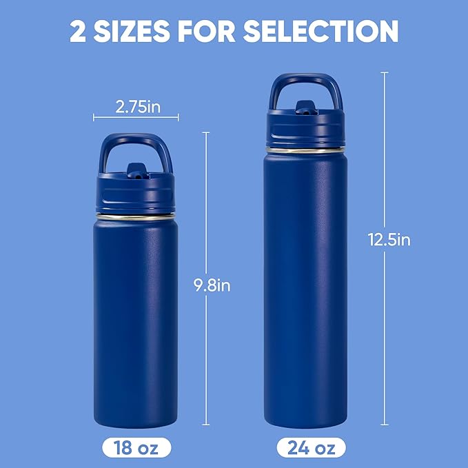 Fijinhom 18oz Insulated Stainless Steel Water Bottle with Straws, Double Wall Vacuum Insulated Bottles, Metal Thermo for Travel, Sports, Leak-Proof, BPA Free, Women & Men, Blue