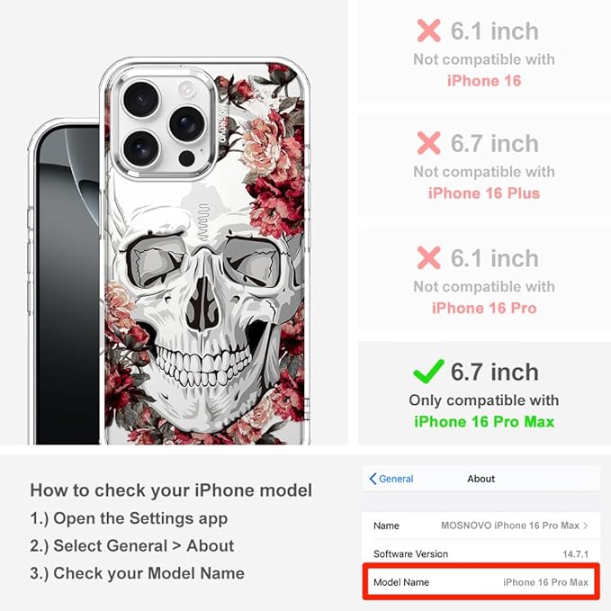 MOSNOVO Case for iPhone 16 Pro Max, [Buffertech 6.6ft Military-Grade Drop Protection] [Anti Peel Off Tech] Clear TPU Bumper Phone Case Cover Design - Red Flower Skull