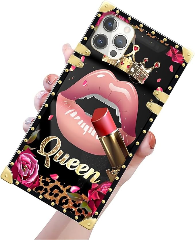 Compatible with iPhone 12 Pro Max Case, Glitter Red Rose Queen Leopard Lipstick Luxury Golden Decoration for Girl Women Soft TPU Shockproof Protective Hard PC Back