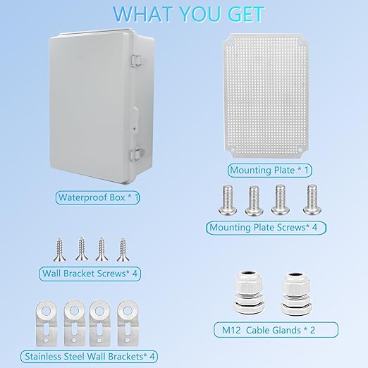 IP67 Waterproof Junction Box, ABS Plastic Electrical Enclosure with Stainless Steel Latch, Hinged Cover Electric Box with Mounting Plate, Wall Brackets & Cable Glands 300x200x130