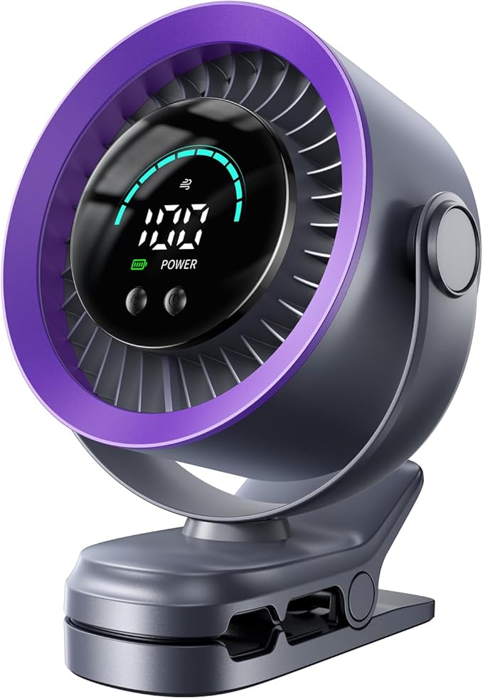 KIMMOO Portable Clip on Fan, 100-Speed Rechargeable USB Fan with LED Display, 360° Rotation & Strong Airflow Desk Fan, Up to 17 Hours Small Battery Fan for Outdoor Travel Camping Treadmill Car (Grey)