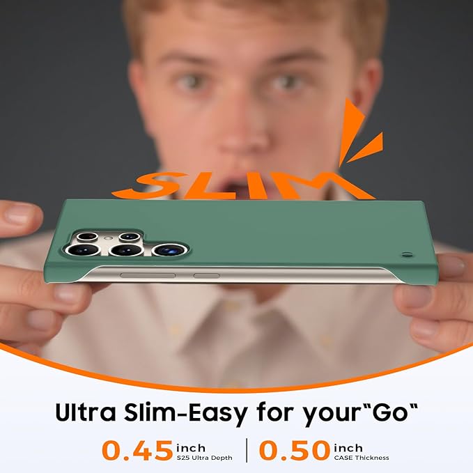 GRECAZO Slim Borderless for Samsung Galaxy S24 Ultra Phone Case 6.8"(2024) Ultra-Thin Lightweight Frameless Matte Hard PC Cover Case with Pull Ring Minimalist Non Slip Rope-Dark Green