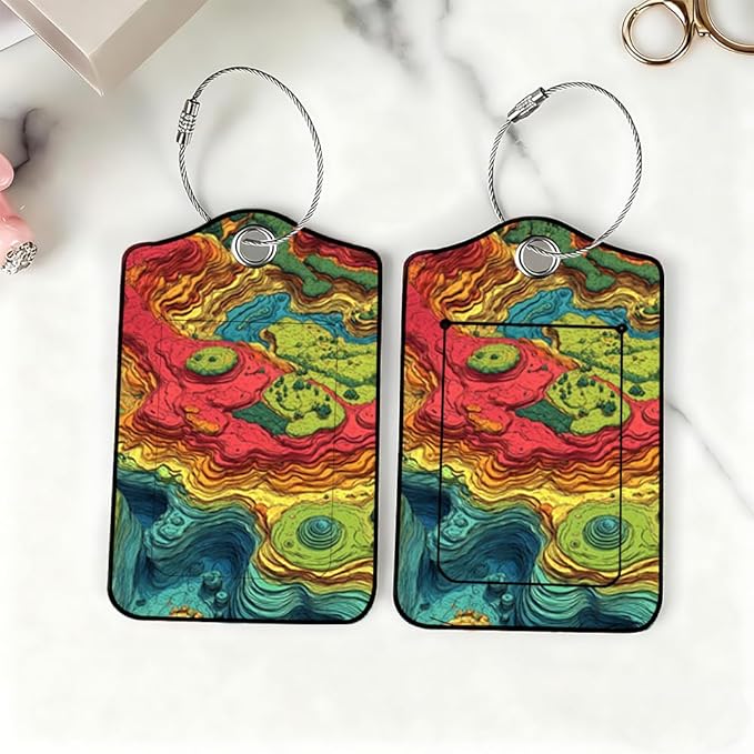 2Pcs Topographic Art Luggage Tags for Suitcases, 2.83x4.53 Abstract Map ID Labels with Privacy Cover, Colorful Layered Style Bag Tags for Backpacks, Travel Essentials for Men & Women, 2 Pack