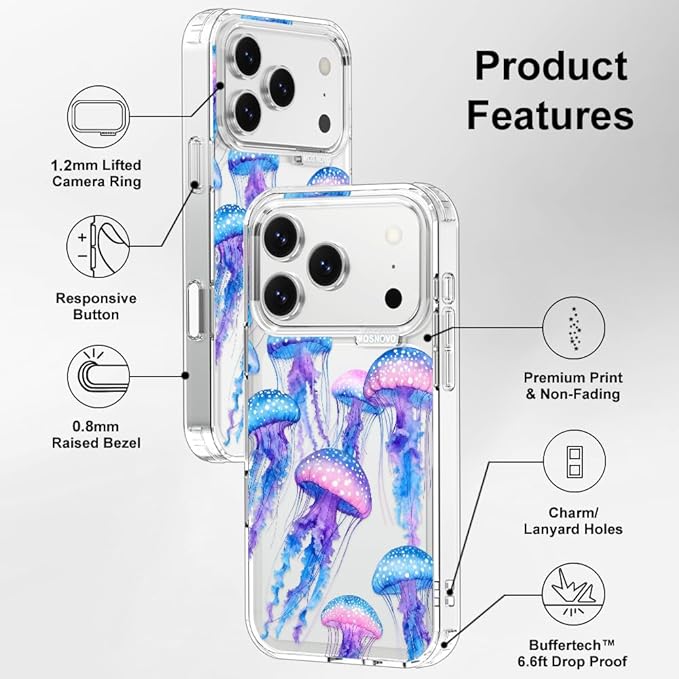 MOSNOVO for iPhone 17 Pro Case, Shockproof Military-Grade Protection 6.6ft Drop Tested, Camera Control, Clear Phone Case for iPhone 17 Pro, Mystic Jellyfish Design