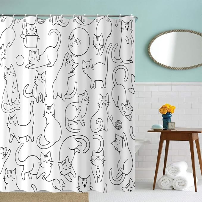 Cat Shower Curtain, Black and White Funny Cats Cute Sketching Kitten with Different Postures Bathroom Curtain Waterproof Fabric Machine Washable with Hooks, 72" Wx96 L