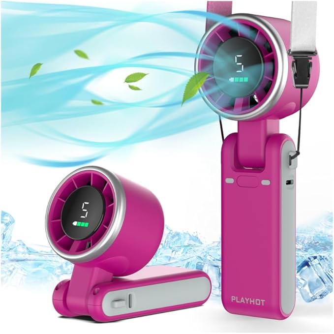 PlayHot Portable Handheld Turbo Fan, 5-Speed Personal Fans, 5000mAh Rechargeable Fans Up to 12 Hours, Weight only 0.6lb Small Fan, Hand/Neck/Desk Fan 3 IN 1, Beach Vacation Essentials(Magenta)