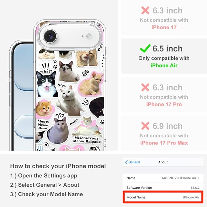 MOSNOVO for iPhone Air Case | Military Grade 6.6ft Drop Tested | Camera Control | Clear with The Cat Brigade Design