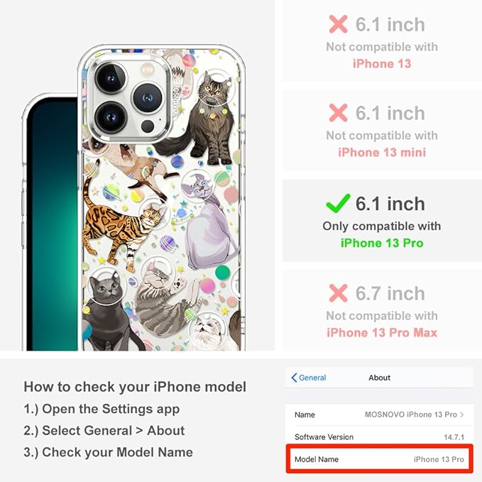 MOSNOVO Case for iPhone 13 Pro, [Buffertech 6.6ft Military-Grade Drop Protection] [Anti Peel Off Tech] Clear TPU Bumper Phone Case Cover Design - Space Cat
