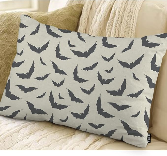EKOBLA Evil Bats Pattern Rectangle Pillow Cases Halloween Pattern Bats Gothic Style Black Decorative Pillow Covers Cotton Linen Cushion Cover for Home Sofa Couch Decor 12x20 Inches