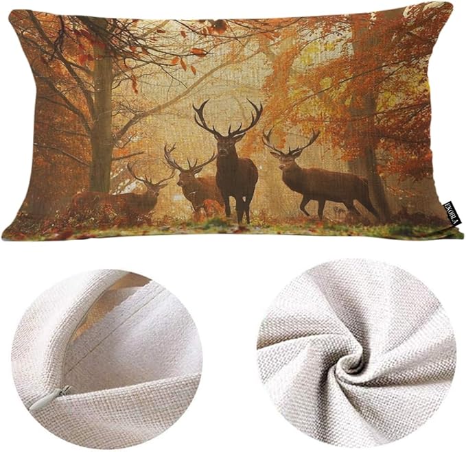 EKOBLA Decorative Lumber Cushion Case Deers Herd of Deer Stand Among The Fall Colors Jungle Trees Autumn Waist Lumbar Cotton Linen Throw Pillow Cases Cushion Cover Rectangular 12x20 Inches