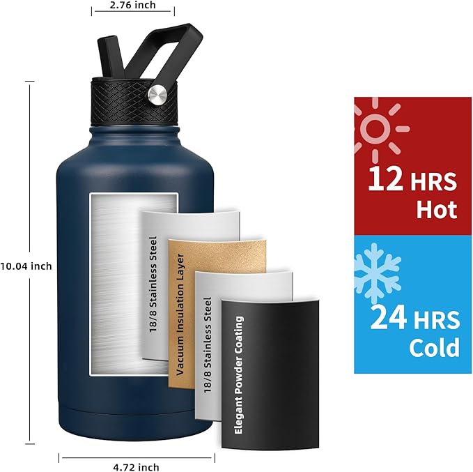 Insulated Water Bottle 64oz,Triple Wall Vacuum Stainless Steel(Dishwasher Safe),Leak Proof & Non-BPA,Flask Jug with Paracord Handle & Straw Spout Lids Sports Navy Blue