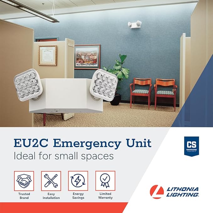 Lithonia Lighting Basics LED Emergency Light, Dual Adjustable Heads, Wall Mount, Damp Rated, 90-Min Backup, 120/277V, White, 4-Pack (EU2C CP4), Deal for stairways, hallways, and Egress Paths