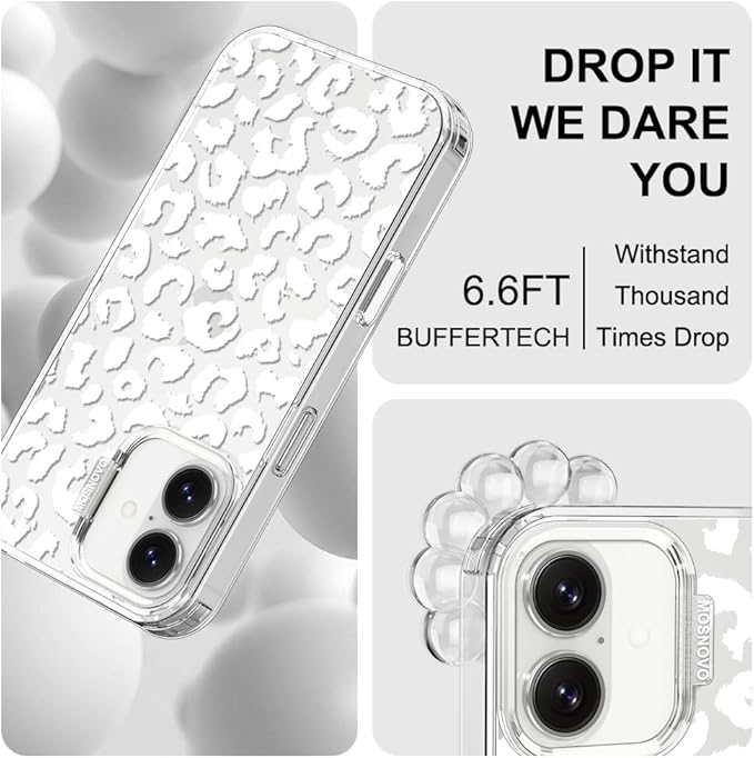 MOSNOVO for iPhone 17 Case | Military Grade 6.6ft Drop Tested | Camera Control | Clear with White Leopard Print Design