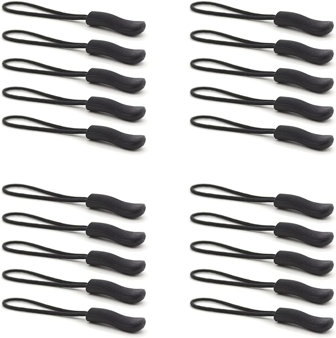 Upgraded 20PCS Premium Black Zipper Pulls - Replacement Zipper Tab Tags Cord Extension Fixer for Luggage, Backpacks, Jackets, Purses, Handbags