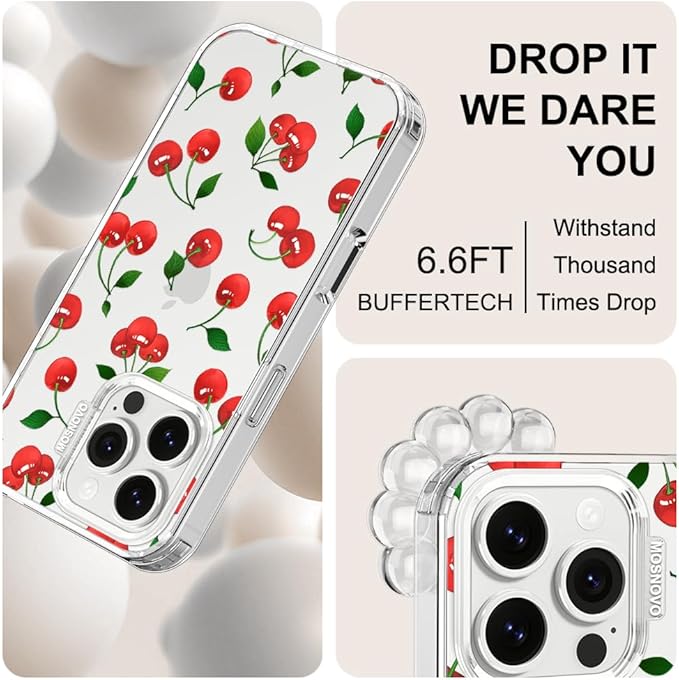 MOSNOVO Case for iPhone 16 Pro, [Buffertech 6.6ft Military-Grade Drop Protection] [Anti Peel Off Tech] Clear TPU Bumper Phone Case Cover Design - Cute Cherry