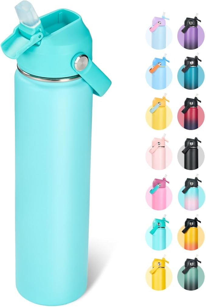 Fijinhom 24oz Insulated Stainless Steel Water Bottle, Wide Mouth Double Wall Vacuum, Silicone Straw, Sweat & Leak Proof, BPA Free Insulated Water Flask for Travel, Keep Cold 24h Hot 12h, Sky