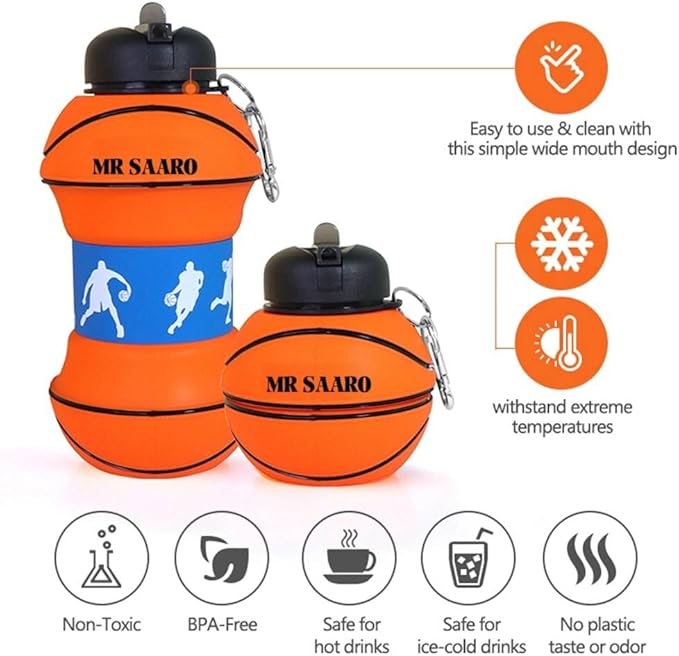 Soccer Water Bottle, 34oz Collapsible Silicone BPA-Free Kids Sports Bottle, Basketball Design, Perfect for Cycling, Travel, Hiking