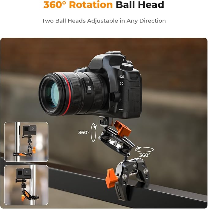 K&F CONCEPT Camera Clamp Mount, Super Clamp Mount Magic Arm with Two 360° Ball Heads, ARRI 1/4" Screw Threads for DSLRs, Action Camera, Tripod, Phone Compatible with Gopro/DJI/Insta360