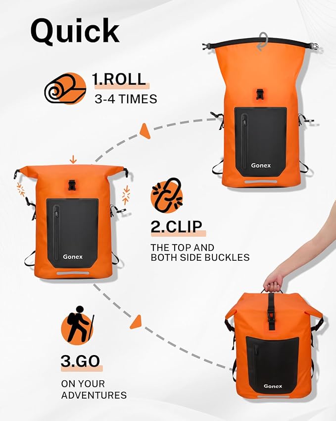 Gonex Ultralight Waterproof TPU Backpack, 55L Roll Top Dry Bag with Comfortable Padded Back Panel for Kayaking Boating Camping Fishing Travel,Orange