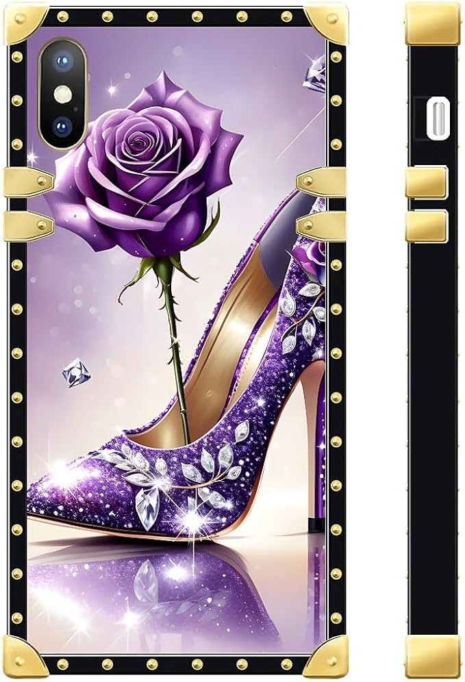 Compatible with iPhone XR Case, High Heeled Purple Diamond Rose Luxury Golden Decoration for Girl Women Soft TPU Shockproof Protective Hard PC Back for iPhone XR